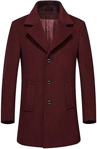 SYIWONG Mens Wool Blend Pea Coat Stand Collar Windproof Jacket(Red,XL)