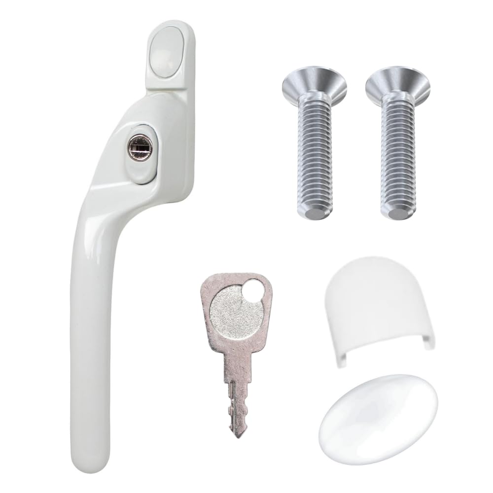 FixRello Window Handle 40mm Spindle - Offset Left-Handed espag Inline Locking Handle for DIY and Home Repairs - uPVC Window Handle - Comes with Screws, Caps and Key (White, Left Hand)
