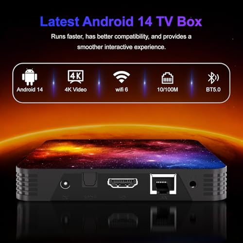 Android TV 14, 4GB RAM 128GB ROM Mali-G31, WiFi 2.4G & 5G, Bluetooth 4.2, 4K UHD 3D, USB & HDMI Ports, Mini Keyboard and IPTV Support