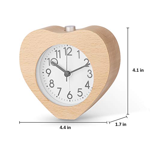 Night Light Alarm Clock, Silent Alarm Clock with Snooze & Gentle Wake, Battery Operated Wooden Heart Clock Decorative for Bedroom, Den, Office - Burlywood, 4 Inch