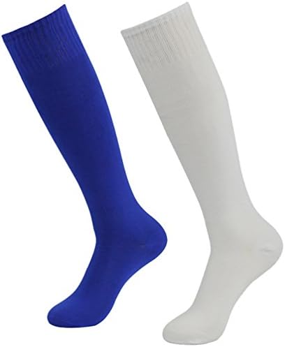 Getspor Men's Team Sports Socks, Long Soccer Football Baseball Compression Tube Socks White and Blue 2 Pairs