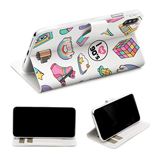 Wonder Wild I love 90's IPhone Wallet Case 10 X/Xs Xs Max Xr 7/8 Plus 6/6s Plus Card Holder Accessories Smart Flip Hard Design Protection Cover Retro Vintage Cassette Pager Tamagotchi Diskette Yeah