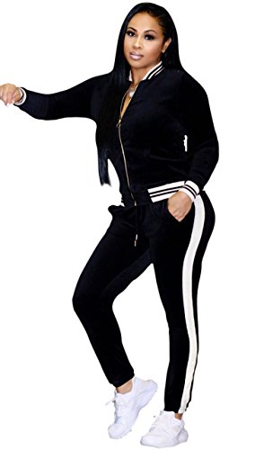 Felicity Young Women's Athletic Soft Velour Velvet Long Sleeve Zip Up Sweatshirt Jacket and Bodycon Sweat Pants Set Tracksuit Black, Medium