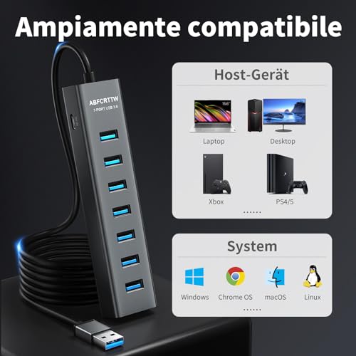 7 Ports USB 3.0 Hub with 120 cm Cable for Desktop, Aluminium USB Hub Multisocket USB Splitter with USB 3.0 5Gbps, 5 V 3A USB-C Powered for PC, Laptop, MacBook, U-Disk, Mouse, Keyboard, etc.