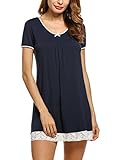 HOTOUCH Women's Lace Hem Night Shirt Scoopneck Lounger Sleepwear Navy Blue M