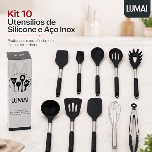 LUMAI Kit Utensílios de Cozinha Inox e Silicone 10 Peças com Suporte - Preto