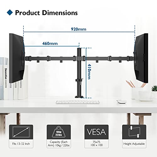BONTEC 2 Screen PC Monitor Stand for 13-32 Inch Monitors, Height Adjustable PC Monitor Arm, Rotatable and Swivel, Tilt, Maximum Load of 10 kg per arm, 2 Mounting Options, VESA 75/100