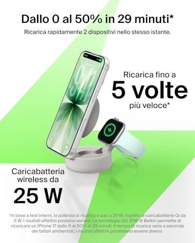 UltraCharge Pro Caricatore Wireless Magnetico Convertibile 2 in 1 MagSafe Qi2.2 25W, Stazione di Ricarica per iPhone 17, Apple Watch Series 10, Pixelsnap, (Alimentatore 45W Incluso), Sabbia
