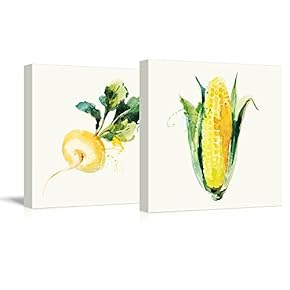 2 Panel Square Canvas Wall Art - Turnip and Corn Watercolor | Fruits Watercolor Art and Illustrations - Giclee Print Gallery Wrap Modern Home Art Ready to Hang - 12"x12" x 2 Panels