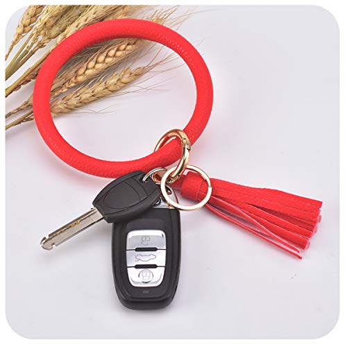 Coolcos Wristlet Keychain Bracelet Bangle Keyring - Large Circle Key Ring Leather Tassel Bracelet Key Chain Holder For Women Girl (Red) - Thumbnail 4