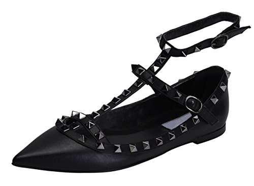 Jiu du Women's Sexy Ankle Strap Flats Shoes Pointed Toe Fashion Rivets Party Shoe