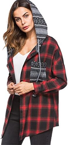 Lyoye Women's Classic Plaid Xmas Hoodie Shirt Loose Bat Long Sleeve Button-up Blouse Tops Red L