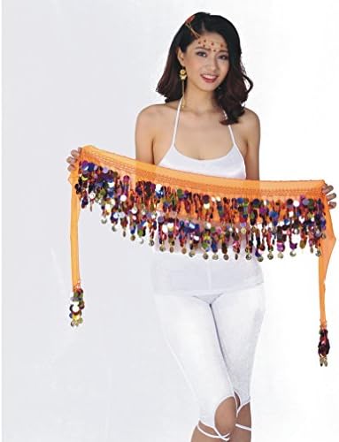 OMYFAIRY Belly Dance Hips Scarf Sequin Chiffon Skirt Wrap with Coin Waistband (orange)