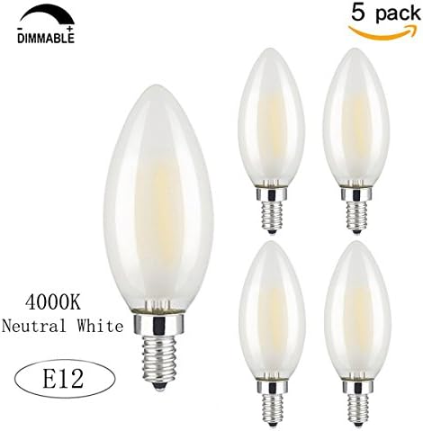Wonni 6W Dimmable LED Filament Candle Light, 4000K 600LM Chandelier LED Bulb, E12 Candelabra Base Lamp, C35 Torpedo Shape Bullet Top, Frosted Glass Cover, 60W Incandescent Replacement -5 Pack