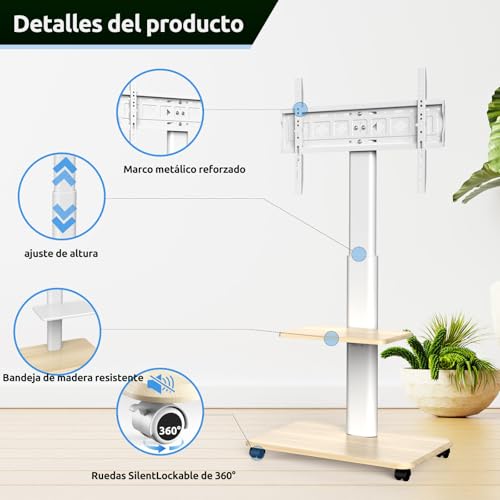 JXMTSPW Soporte para TV con Ruedas Móvil para 32~70 Pulgadas,Soporta hasta 40 KG, MAX VESA 600x400mm,Base para Pantalla Movil Ajustable en Altura Suelo con Bandeja,Carro TV Portátil