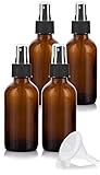 4 oz Amber Glass Boston Round Fine Mist Spray Bottle (4 Pack) + Funnel and Labels for Essential Oils, Aromatherapy, Food Grade, bpa Free