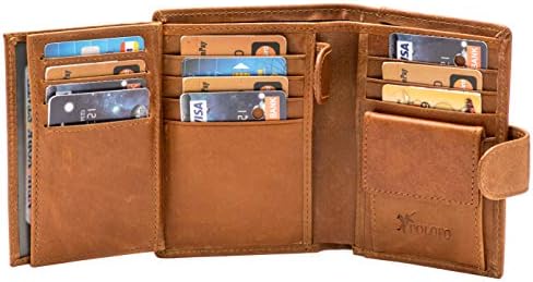 Men's RFID Large Leather Trifold Wallet Snap Closure 3 ID Windows (Brown)