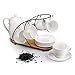 Ceramic Tea Cup Set, including 6 pcs Tea Cup and Saucer with 1 teapot Bamboo Rack, for Home and Office Coffee Teaparty by Pukka Home (Service for 6 (5 oz)) …
