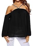WLLW Women Chiffon Off Shoulder Long Sleeve Halter Neck Shirt Blouse Tops,Black,US XL