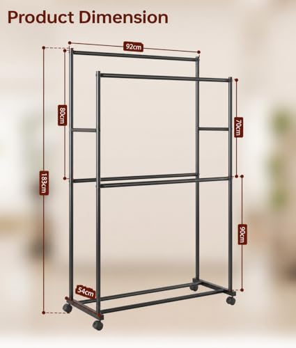 Tujurich Heavy Duty Clothes Rack - 92 x 54 x 183 cm, 4-Rail Double Rail Clothes Rail on Wheels, Metal Clothes Rack for Bedroom, Living Room, Washroom, Black