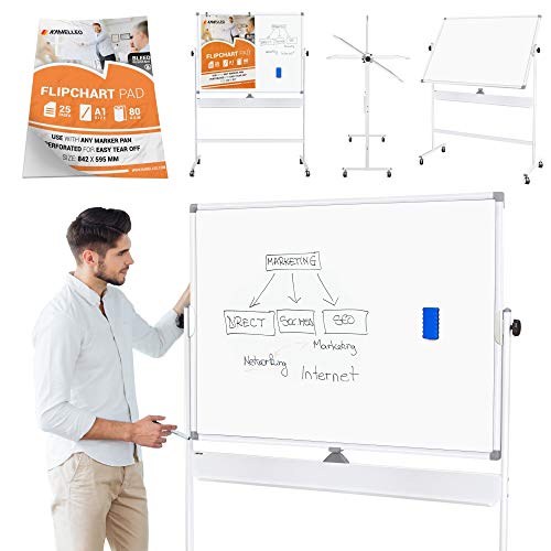 Mobile Whiteboard - Large Adjustable Height 360° Reversible Double Sided Dry Erase Board - Magnetic White Board on Wheels - Portable Rolling Easel with Stand, Flip Chart Holders, Paper Pad | 70x36