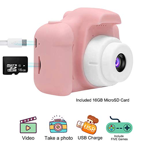 YIWEI Kids Camera Gifts for 3 4 5 6 Year Old Girls Digital Cameras 10MP Video Camera Portable Puzzle Games DIY Video Kids Camera Silicone Soft Cover & Micro SD Card (16GB Memory Card Included)