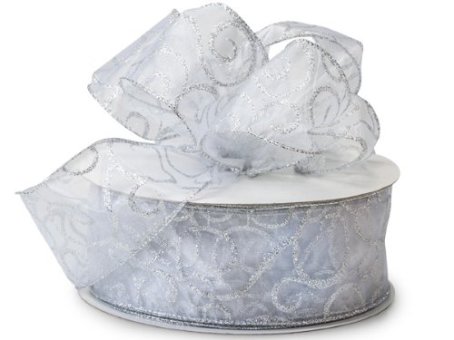 JEMPAK UK® 3M CUT x 64mm Silver wired edge metallic mesh Xmas swirl ribbon