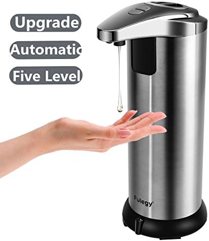 Fulegy Automatic Soap Dispenser,Upgraded Version 304 Stainless Steel Touchless Soap Dispenser Dispenser with 5 Level Adjustable Dispensing Volume,Powerful Pump and Splash- proof Base（Silver）