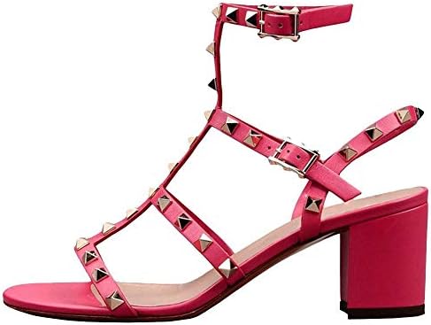 Comfity Leather Sandals for Women,Rivets Studded Strappy Block Heels Slingback Gladiator Shoes Cut Out Dress Sandals