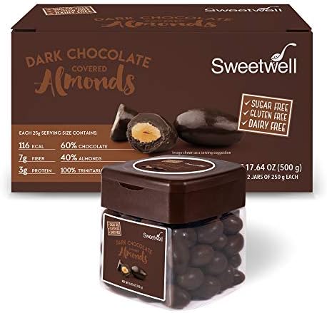 Sweetwell - Sugar Free - Superior Taste - Gluten Free - 100% Keto - 100% Paleo - Dark Chocolate Covered Almonds - 8.8 oz - Pack of 2