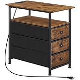 HOOBRO End Table, Narrow Side Table with Charging Station, Nightstand with 3 Non-Woven Fabric Drawers, Bedside Table for Smal