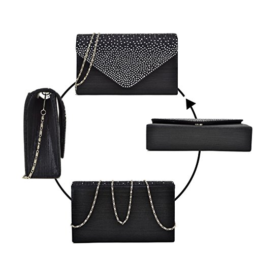 Womens Envelope Flap Clutch Handbag Evening Bag Purse Rhinestone Crystal Glitter Sequin Party Black - Thumbnail 2