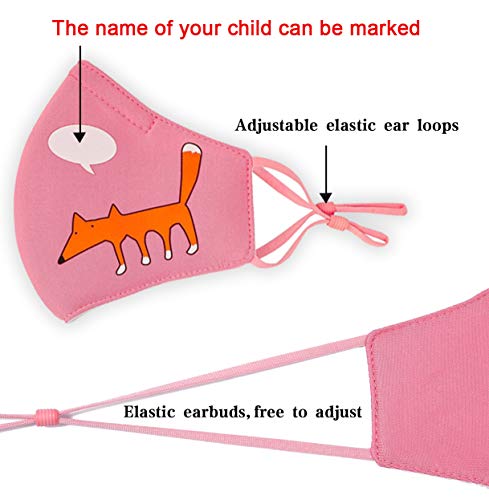 AOGE 2Pcs Washable Reusable Face Mask for Kids Adjustable Ear Loops, Cute Cartoon Print Mask, Breathable Protective Cotton Fabric Cloth Face Cover with Dust Filter Pocket (Puppy&Fox)