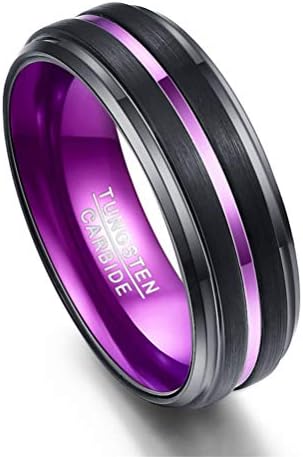Hinghok 8mm Galvanized Black Matte Finish Purple Grooved Tungsten Carbide Men Ring Wedding Band Jewelry