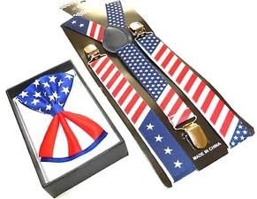 Brand NEW Awesome PATRIOTIC USA FLAG Suspenders And Matching Bow tie Set - Adjustable