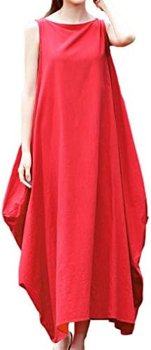 Plus Size Womens Maxi Sleeveless Loose Dress Pockets O Neck Solid Swing Sundress Red L