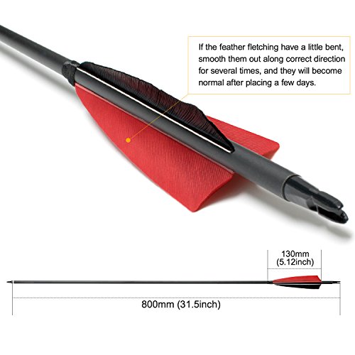 ARCHERY SHARLY 31" Carbon Fiber Arrows Targeting Practice Arrows,5" Black & Red Natural Feather Fletching and Replacement Screw-in Tips for Recurve Traditional Long Bow (6 Pack) - Thumbnail 4