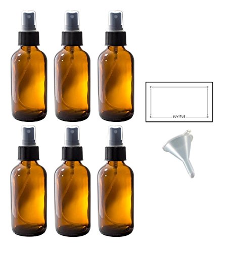 4 oz Amber Glass Boston Round Fine Mist Spray Bottle (6 pack) + Funnel and Labels for essential oils, aromatherapy, food grade, bpa free