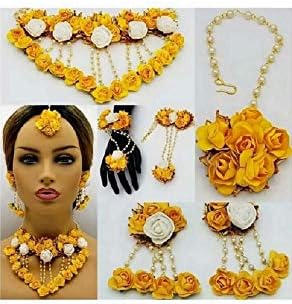 Yellow Golden Gota Patti Necklace, Hath Phool, Earrings and Mang Tika for Women