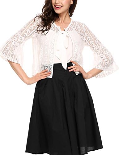 Thinlce Women's Bell Sleeve Sheer Crochet Lace Cropped Bolero Shrug Loose Fit Cardigan,White,Large
