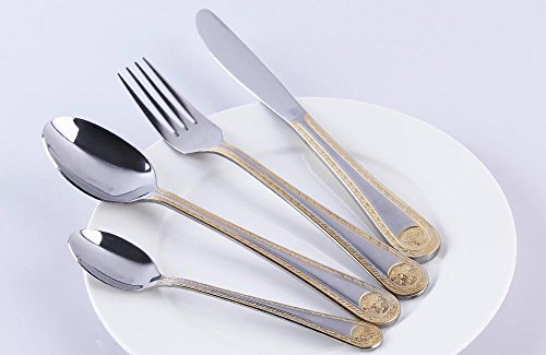 Venezia Collection 'Greek' 85-pc Luxury Flatware Set, Dining Silverware Cutlery Service for 12, Premium 18/10 Surgical Stainless Steel, 24K Gold-Plated Hostess Serving Set, Wood Storage Chest - Thumbnail 4