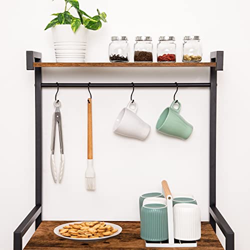 4 Tier Coffee Bar Station with Storage, Rustic Brown Corner Bakers Rack with 8 S-Shaped Hooks, High kitchen Shelves Stand Microwave Stand for Spices, Pots, Wooden Top and Black Metal Frame EBF04HB01
