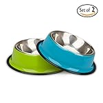 Miaosun Pet Bowls for Cats Non Skid with Natural Rubber Base, Variety of Colors Food Grade Stainless Steel Dog Food And Water Bowls for Travel, Pack of 2 (Green & Blue)