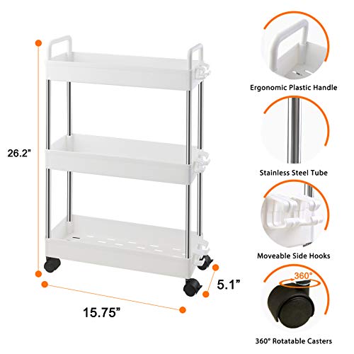 Ronlap 3 Tier Slim Rolling Storage Cart, Skinny Rolling Cart with