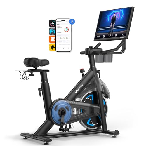 MERACH Heimtrainer Fahrrad mit 21,5" Drehbarem FHD-Bildschirm, Leises Hometrainer Fahrrad mit Automatischer Widerstand, Verstärkter H-Rahmen, Stoßdämp