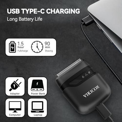 VIKICON® Foil Shavers for Men: 2 IN 1 Portable Electric Razor for Face &Beard Close Shaving w/Dual Floating Blade - Mini Razor for Travel & Home Use - IPX7 Waterproof USB-C Fast Rechargeable - Black