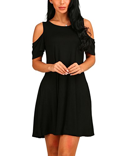Suimiki Women's Cold Shoulder Loose T-shirt Tunic Top Swing Dresses Black X-Large