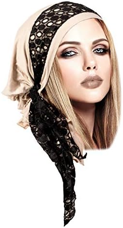 Beige Khaki Cotton pre Tied Headscarf Tichel Boho Chic Black lace wrap - 314