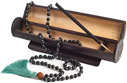 Koruai 108 Buddhist Japa Mala Beads Blessed Necklace Tibetan rosary beaded hand knotted prayer 6mm Healing Natural Lava Black Stone Chakra Jewelry Meditation Yoga Aromatherapy Bamboo Box two incenses