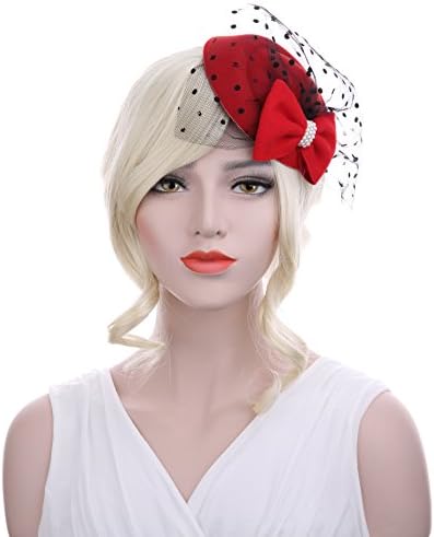 JYbetsy Fascinator Hair Clip Pillbox Hat Bowler Feather Flower Veil Wedding Party Hat (Red)